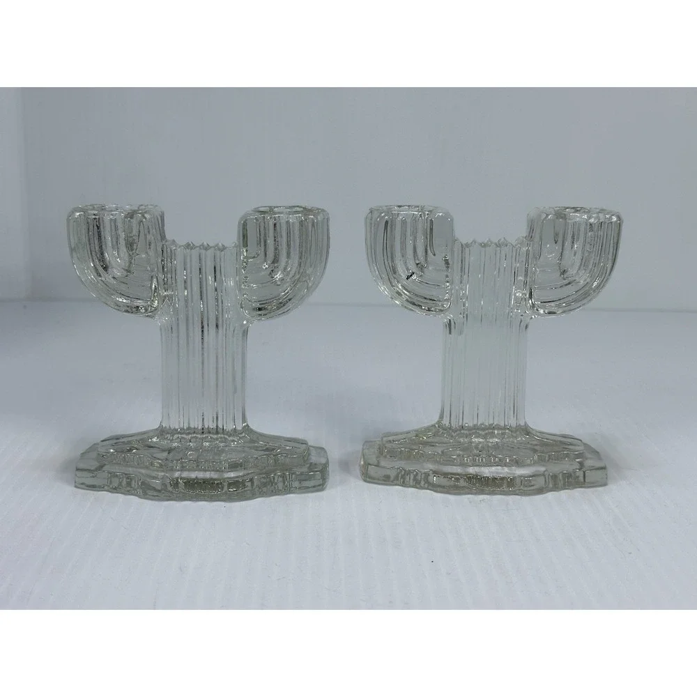 Vtg Pair Anchor‎ Hocking Art Deco Glass Candlestick Candle Holders QUEEN MARY